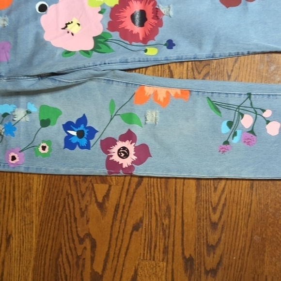 Flower Power retro baggy straight leg hi rise painted denim jeans W29 - Picture 2 of 10